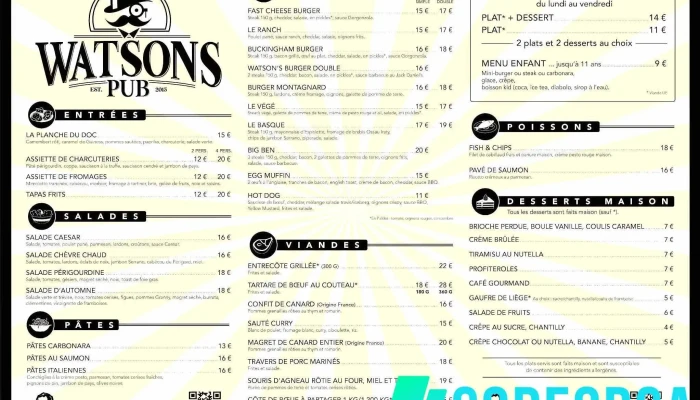 Watsons Pub Menu - Périgueux